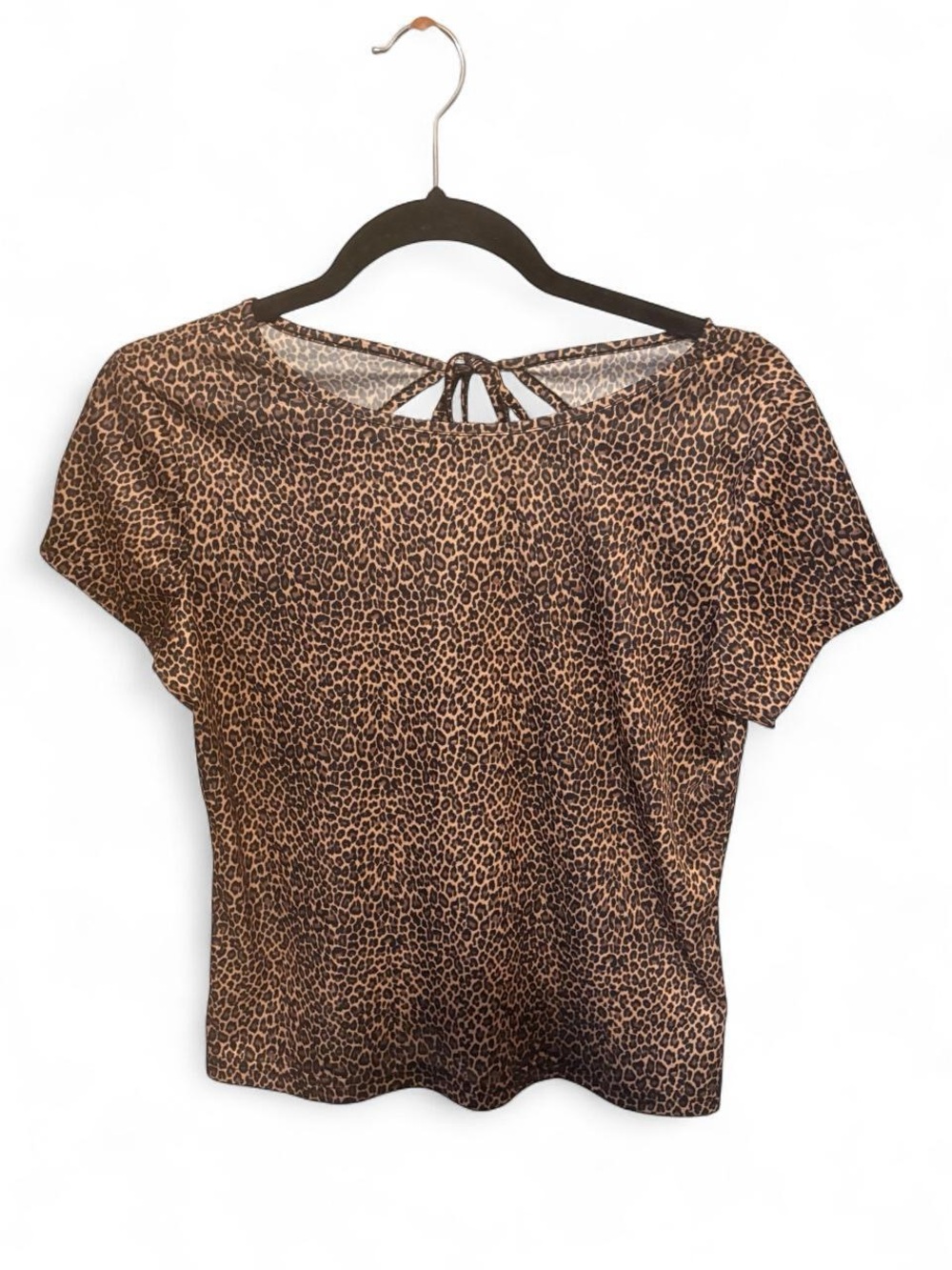 Authentic Y2K Leopard Print Short Sleeve Tie-Back Top - Brown